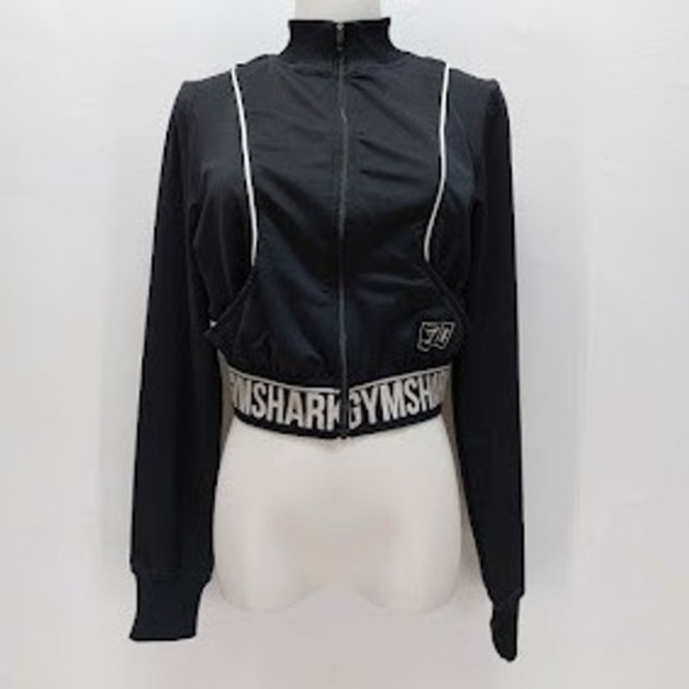 Gymshark Track Jacket Women's Small Black Cropped Full Zip Logo Waistband Y2K